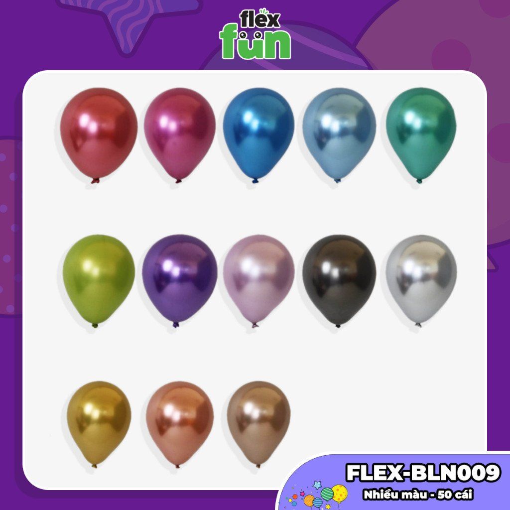 Set 10/50/100 Bóng bay trang trí sinh nhật, lớp học, phòng cưới Flex Fun - Bong bóng tròn, giun dài, trái tim nhiều màu