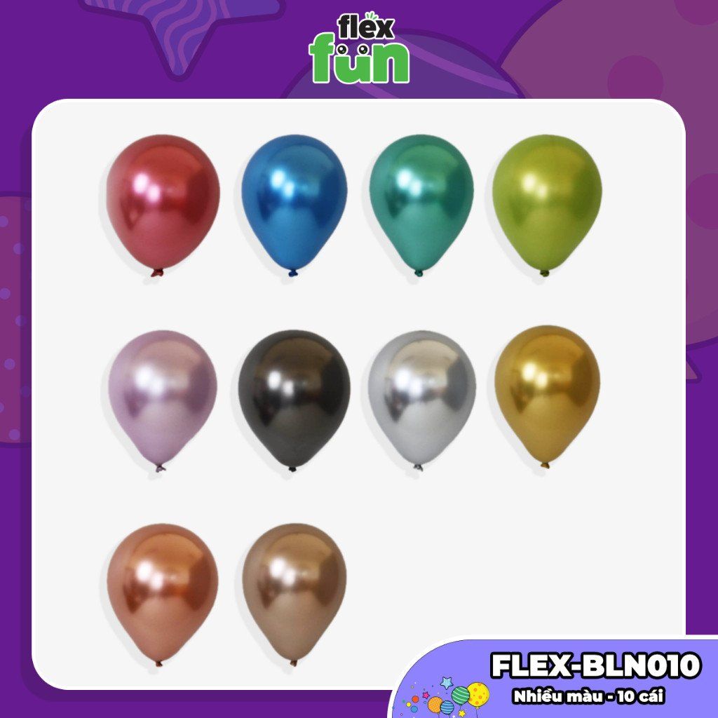 Set 10/50/100 Bóng bay trang trí sinh nhật, lớp học, phòng cưới Flex Fun - Bong bóng tròn, giun dài, trái tim nhiều màu
