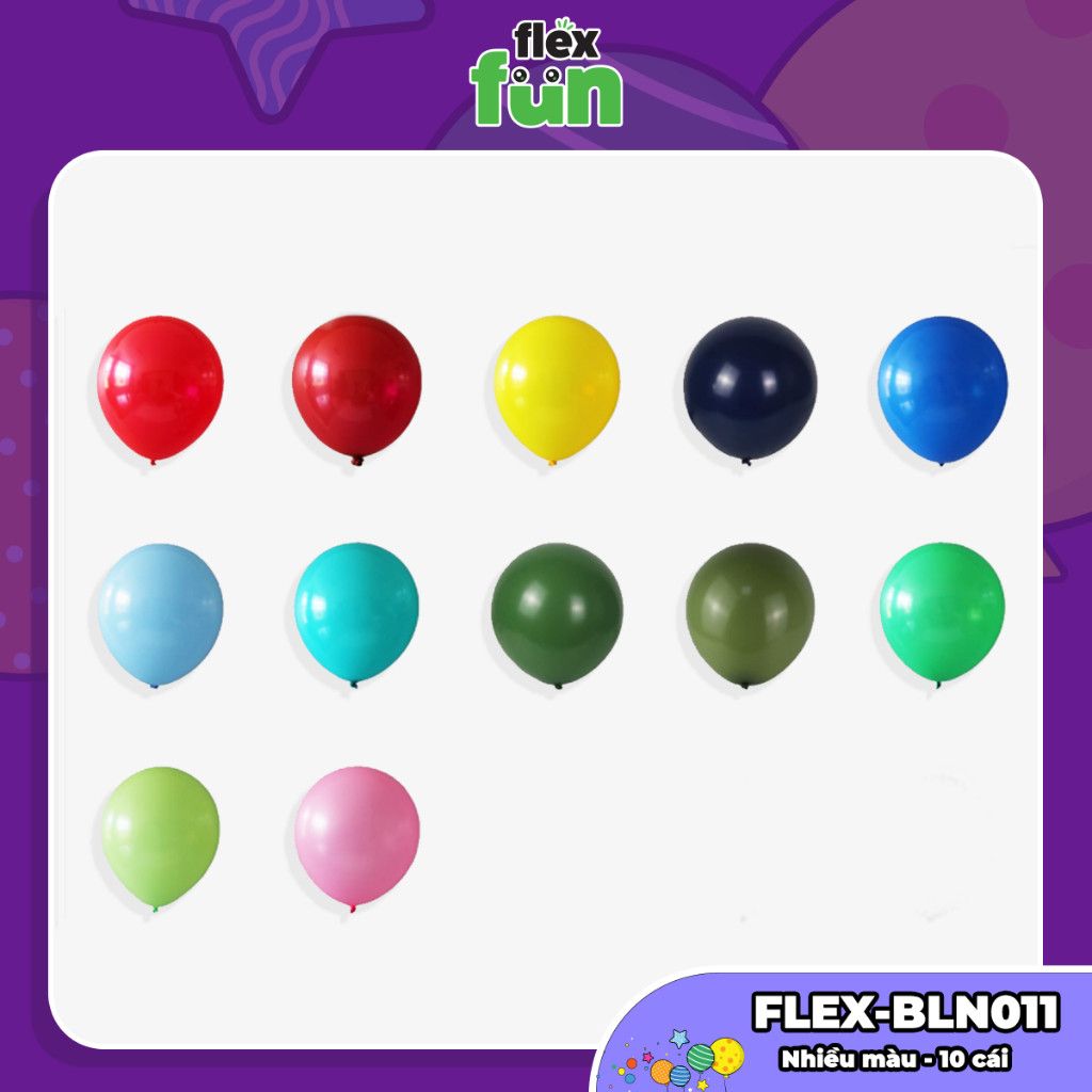Set 10/50/100 Bóng bay trang trí sinh nhật, lớp học, phòng cưới Flex Fun - Bong bóng tròn, giun dài, trái tim nhiều màu
