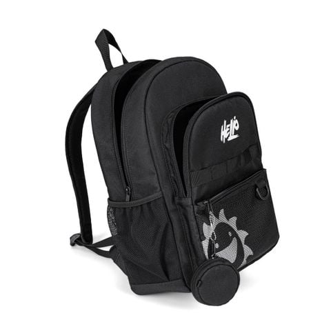 Balo teen nam nữ Bitis Helio màu đen phom vòm in chữ trắng đính ví tròn nhỏ quai vải kháng nước BBBB02400DEN chính hãng
