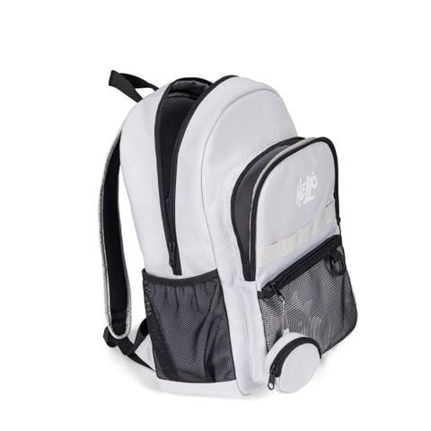 Balo teen nam nữ Bitis Helio màu xám lợt phom vòm in chữ trắng đính ví tròn nhỏ quai vải kháng nước BBBB02400XAL chính hãng