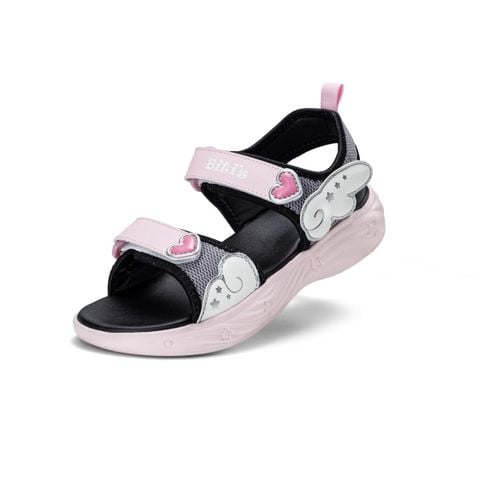 Giày sandal bé gái Bitis Lovely màu đen quai lưới phối da si hình đôi cánh thiên thần hồng chính hãng BEG006300DEN