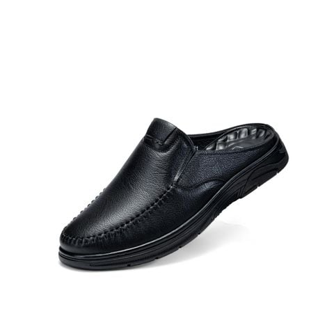 Giày sục Mocasin nam Bitis Stone màu đen quai da thật dập vân chỉ khâu tay đế cao su đúc BMM002677DEN chính hãng