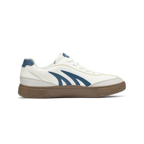 Giày thể thao nam Bitis Hunter màu trắng quai da si PU phối sọc xanh navy đế cao su đúc nâu gum HSM015800TRG chính hãng