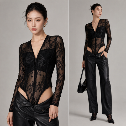  Bodysuit Ren Cổ V Phối Khóa Kéo 7776 