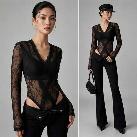  Bodysuit Ren Dài Tay Cổ V 7777 