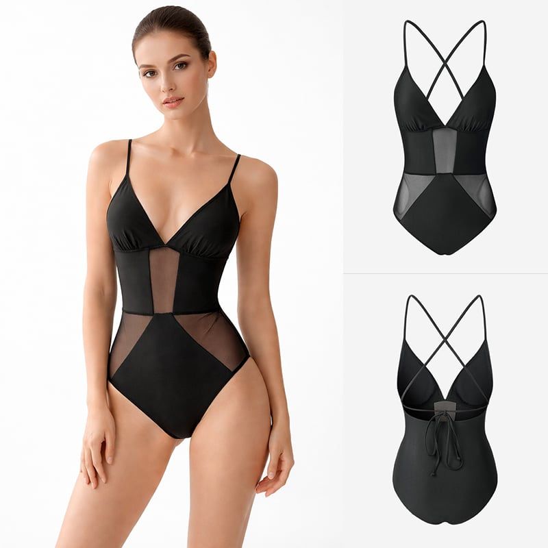 Swimsuit Phối Lưới Cổ V 2 Dây Mảnh 7841