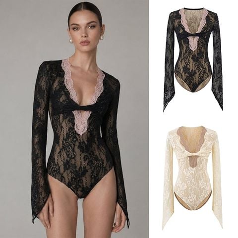  Bodysuit Ren Tay Loe Phối Viền Cổ V 7846 