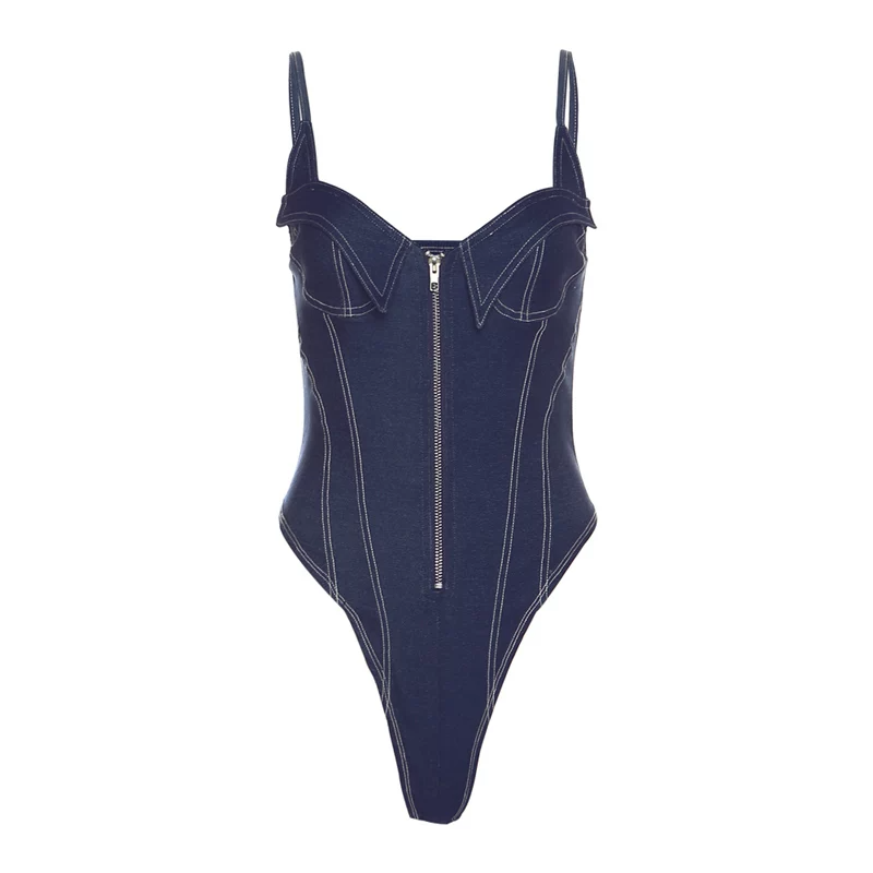 Bodysuit Denim Dáng Corset Phối Khóa Kéo 7871