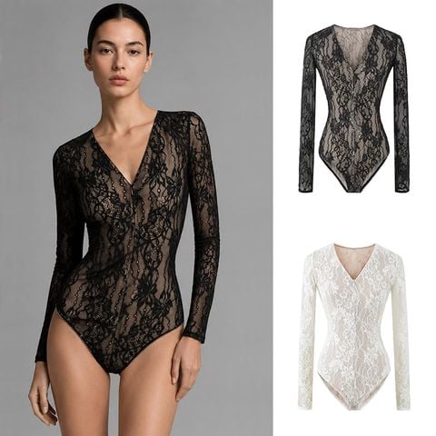  Bodysuit Ren Cổ V Phối Khóa Kéo 7877 