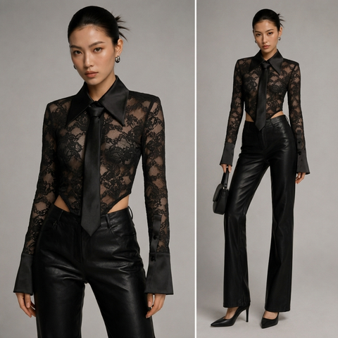  Bodysuit Ren Phối Cổ Satin Kèm Cà Vạt 7878 