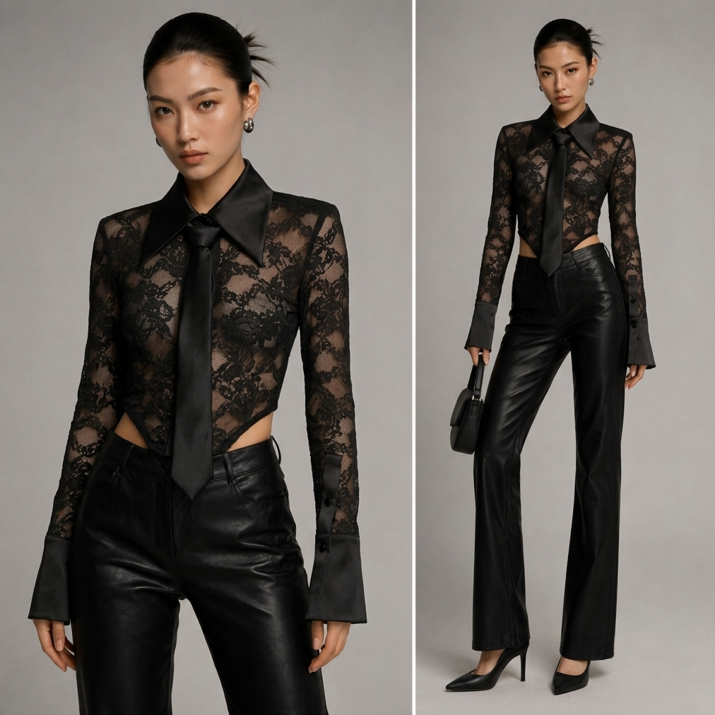 Bodysuit Ren Phối Cổ Satin Kèm Cà Vạt 7878