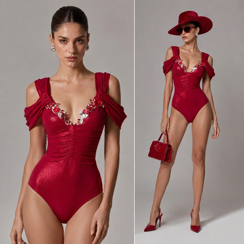  Bodysuit Cổ V Đính Đá Cao Cấp 7882 