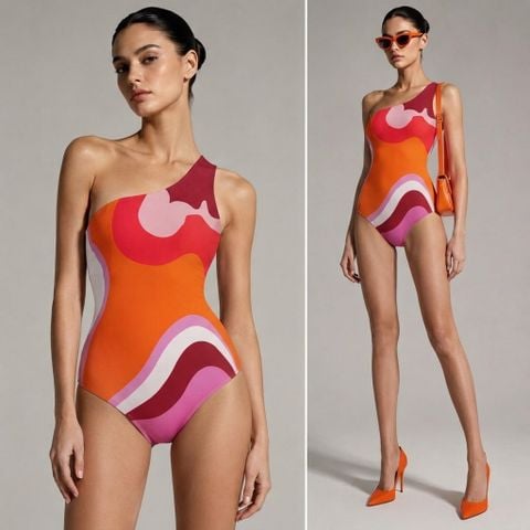  Bodysuit Một Vai Họa Tiết Sóng Cam 7886 