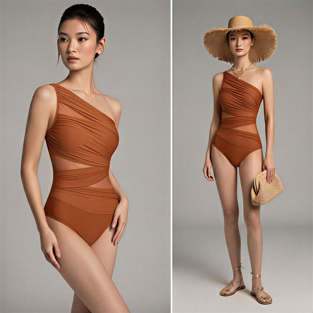 Swimsuit Lệch Vai Cắt Xẻ Phối Lưới 7895