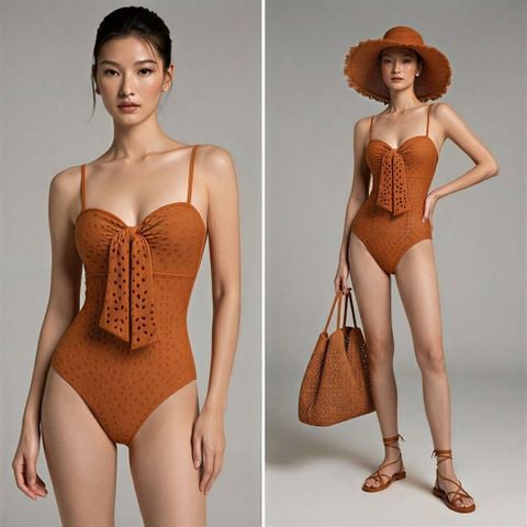  Swimsuit 2 Dây Thắt Nơ Hoạ Tiết Đục Lỗ 7896 