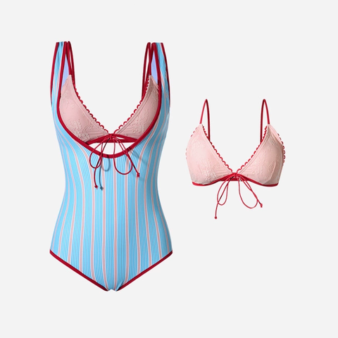  Swimsuit Kẻ Sọc Viền Đỏ Phối Bra 7906 