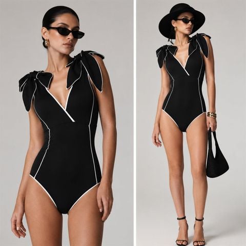  Swimsuit Thắt Nơ Vai Cổ V Viền Trắng 7916 