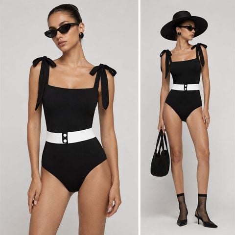  Swimsuit Hai Mặt Cổ Vuông Phối Đai eo 7918 