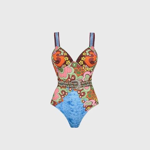  Swimsuit 2 Dây Họa Tiết Retro Phối Thắt Lưng 7919 