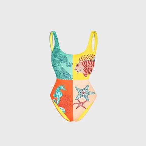  Swimsuit Phối Ô Color-Block In Họa Tiết Sinh Vật Biển 7920 
