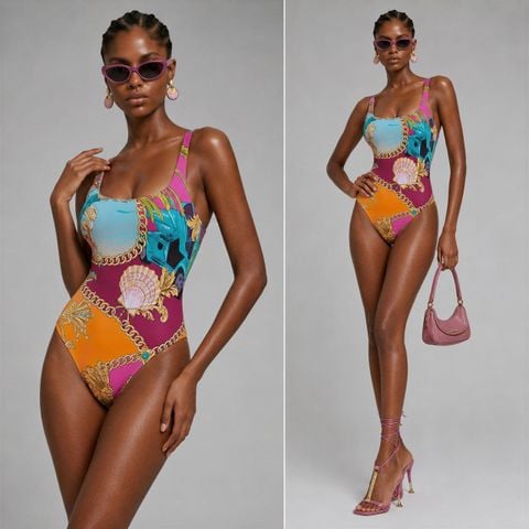  Swimsuit Dây Mảnh Họa Tiết Baroque Cổ Vuông 7921 