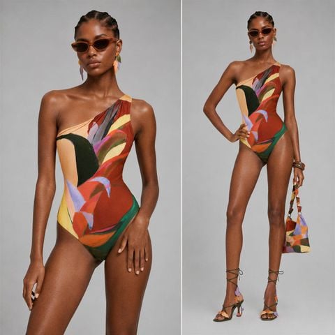  Swimsuit Lệch Vai Họa Tiết Sơn Dầu 7923 