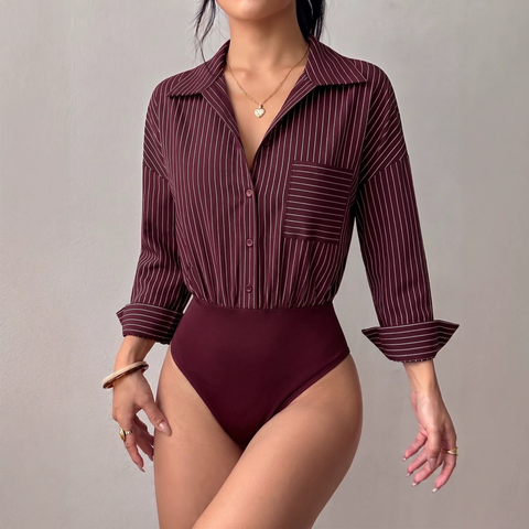  Bodysuit Sơ Mi Kẻ Sọc Phom Rộng 7924 