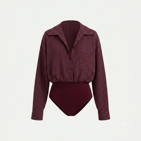  Bodysuit Sơ Mi Kẻ Sọc Phom Rộng 7924 