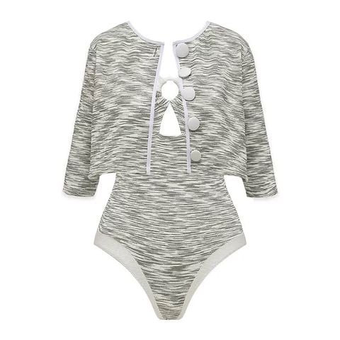  Set Swimsuit Tweed Xám Kèm Áo Khoác Lửng Tay Lỡ 7928 