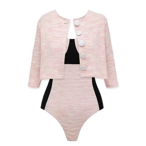  Set Swimsuit Tweed Hồng Phấn Kèm Áo Khoác Lửng Tay Lỡ 7928 