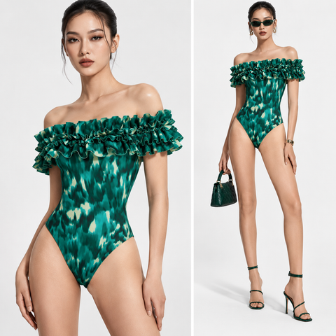  Swimsuit Trễ Vai Bèo Nhún Họa Tiết Emerald 7934 