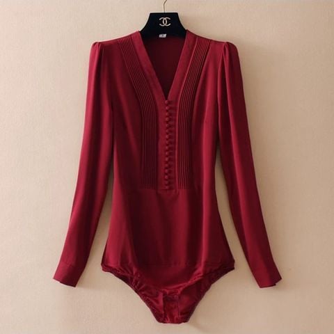  Bodysuit Sơ Mi Tay Dài Cổ V Chi Tiết Xếp Ly 7956 