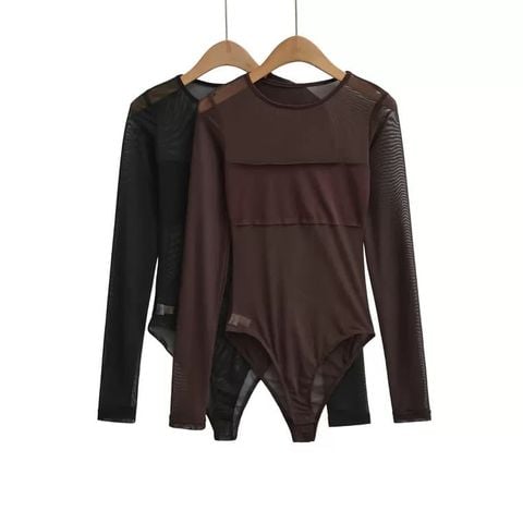  Bodysuit Tay Dài Thun Lưới Phối Lớp Ngực Tối Giản 7974 