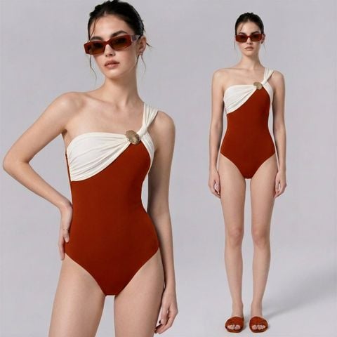  Swimsuit Lệch Vai Xếp Nếp Đính Khóa Vỏ Sò 7789 