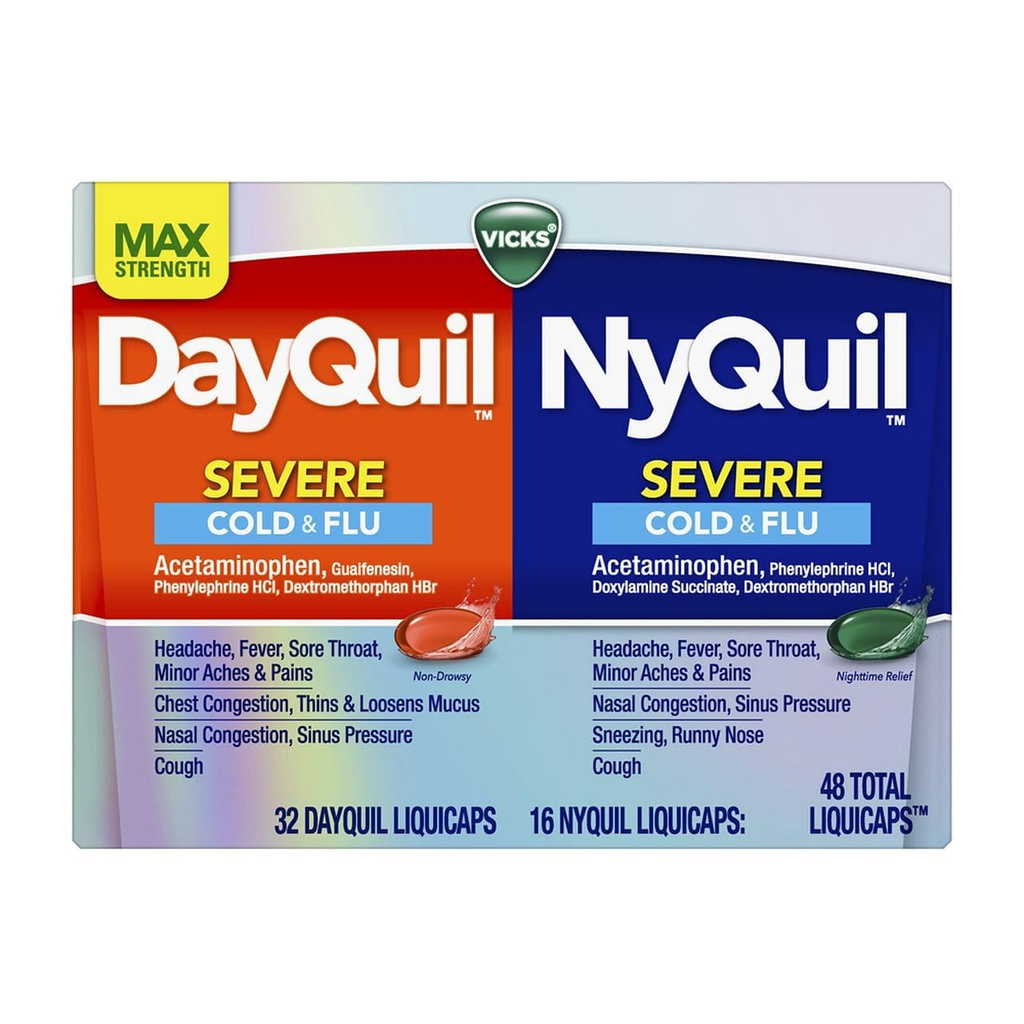 Viên Uống Giảm Ho & Cảm Cúm Mỹ Vicks 32 DayQuil & 14 NyQuil Severe Cold & Flu 48total