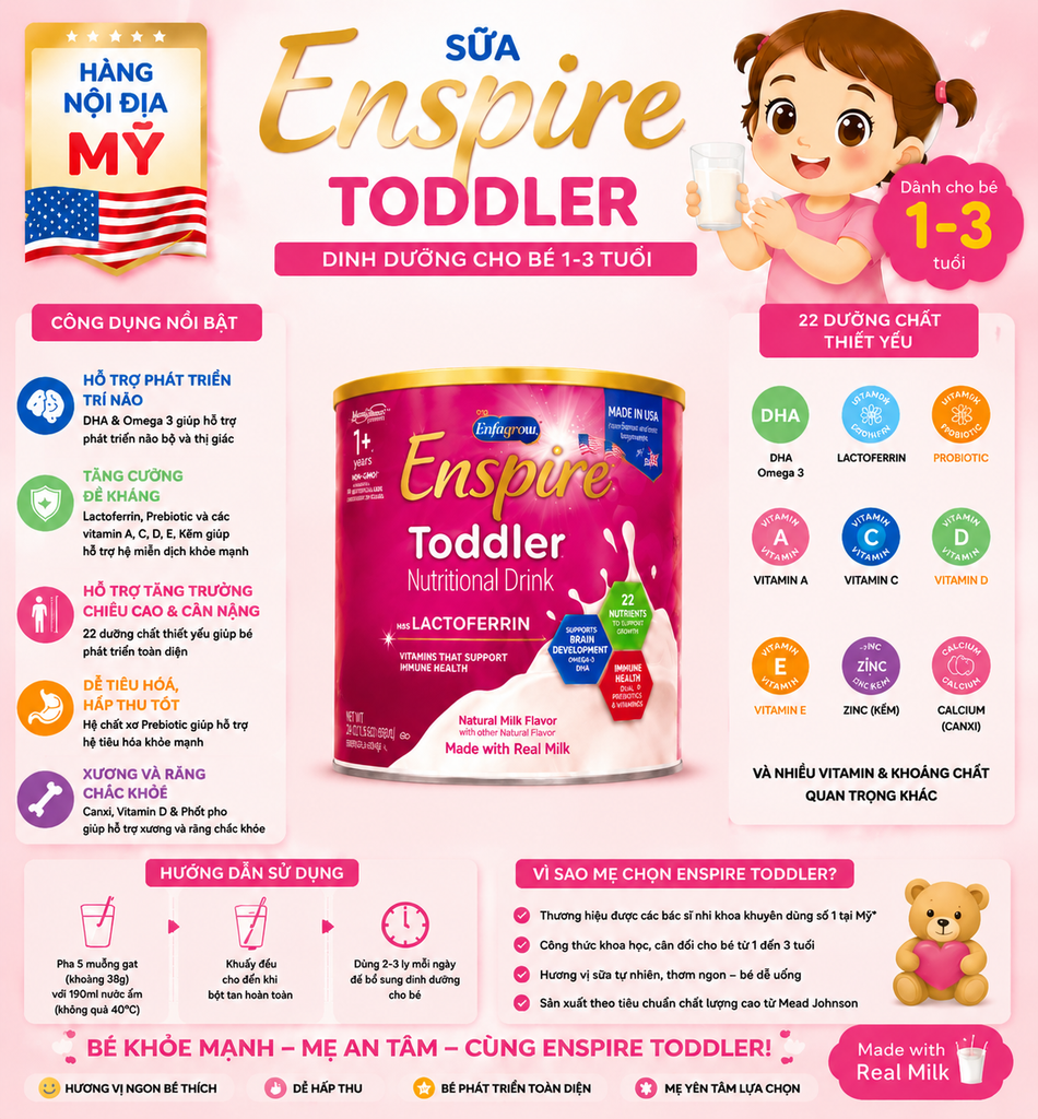 Sữa Enspire Toddler Lactoferin Mỹ 680Gr (1-3 tuổi)
