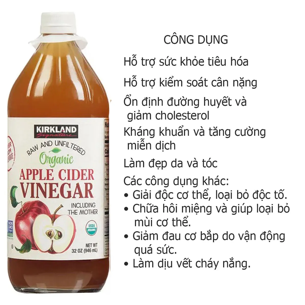 Giấm Táo Giảm Cân Kirkland Organic Mỹ 946ml