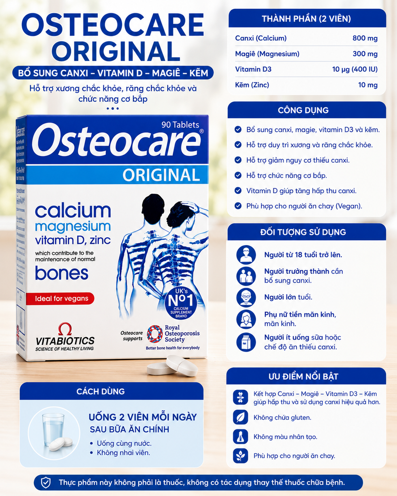 Viên Uống Canxi Kẽm Vitamin D Osteocare 90V Anh