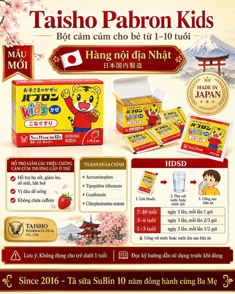 Bột Cảm Cúm Taisho Pabron Kids Chó Mèo Nhật 12 Gói Cho Bé Từ 1-10 Tuổi