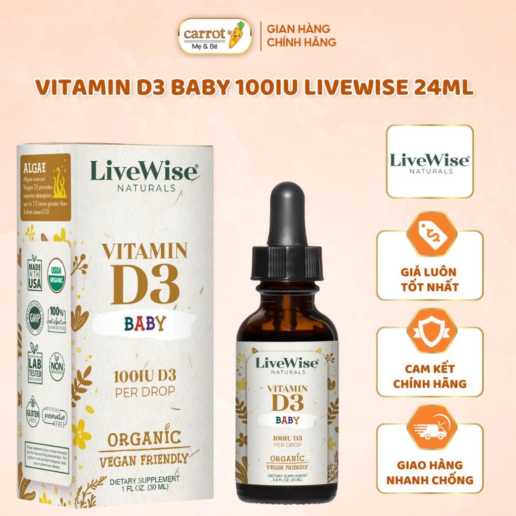Vitamin D3 Hữu Cơ, Thuần Chay Baby 1000IU LiveWise Mỹ 24ml
