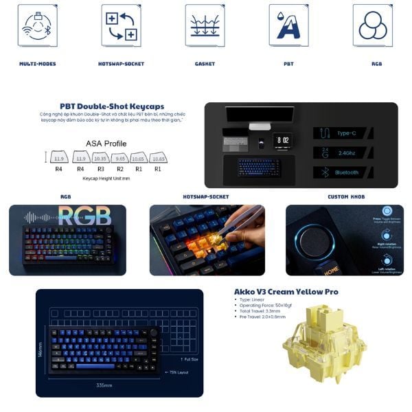  Bàn phím AKKO 5075B Plus Horizon Creamy Yellow Pro Switch / Multi-mode / Led RGB / Hotswap 