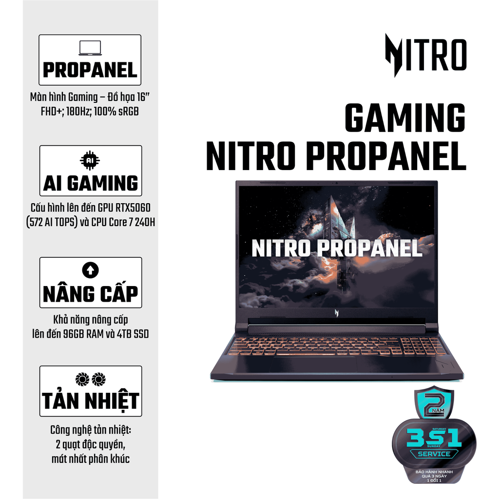 Laptop Gaming Acer Nitro ProPanel ANV16-72-782F (Core 7 240H | GeForce RTX™ 5050 8GB | 16GB | 512GB | 16' FHD 180Hz | Win 11)