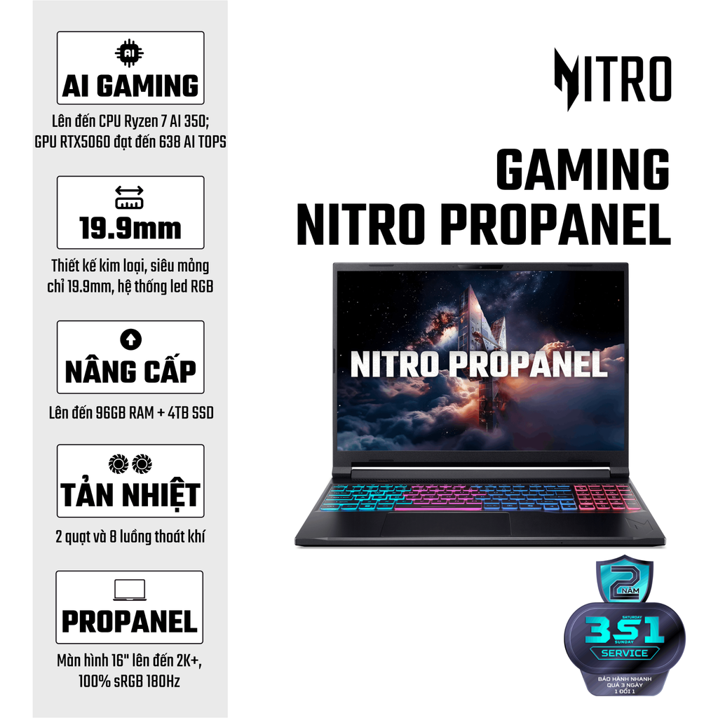 Laptop Gaming Acer Nitro ProPanel AN16S-61-R9CN (Ryzen AI 7 350 | GeForce RTX™ 5070 8GB | 16GB | 512GB | 16