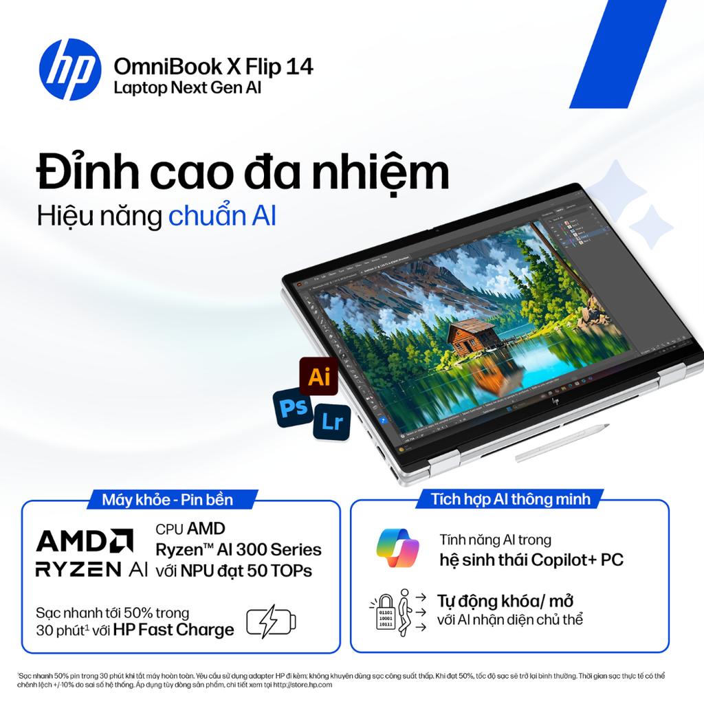 Laptop HP OmniBook X Flip 14-fk0082AU BZ7N8PA (Ryzen AI 7 350 | 32GB | 1TB | AMD Radeon | 14' 2K Touch | Win 11 + Office Home 2024)