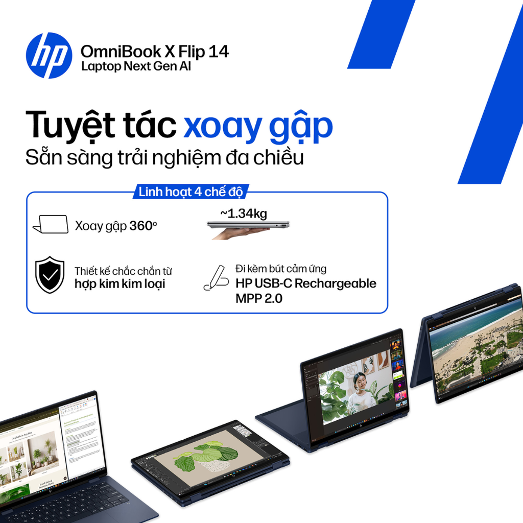 Laptop HP OmniBook X Flip 14-fk0082AU BZ7N8PA (Ryzen AI 7 350 | 32GB | 1TB | AMD Radeon | 14' 2K Touch | Win 11 + Office Home 2024)
