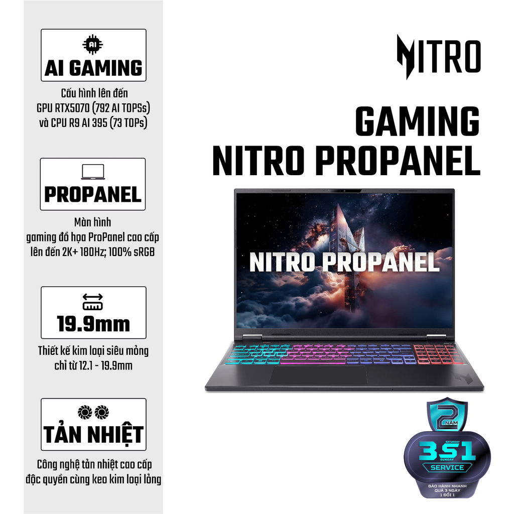 Laptop Gaming Acer Nitro ProPanel ANV16S-61-R9ZV (R7 AI 350 | GeForce RTX™ 5060 8GB | 32GB | 1TB | 16' 2K+ 180Hz | Win 11)