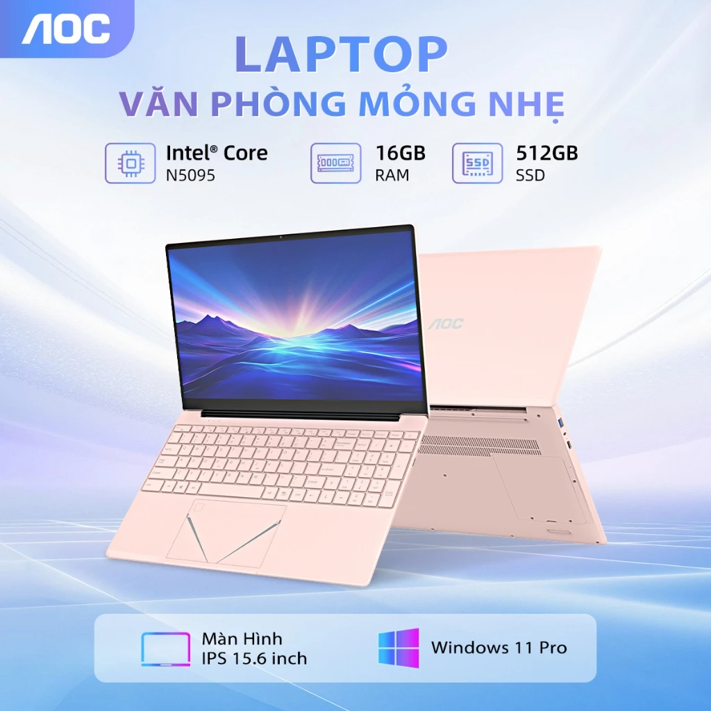 Laptop AOC N156P-P142-16GB (N5095 | 16GB | 512GB | Intel UHD | 15.6' FHD | Win 11 Pro + Office | Hồng)