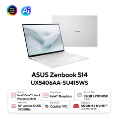Laptop ASUS ZenBook S 14 UX5406AA-SU415WS (Ultra 9 386H | 32GB | 512GB | Intel Graphics | 14' 3K OLED 120Hz Touch | Win 11 + Office)