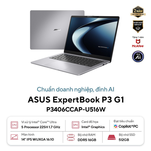 Laptop ASUS ExpertBook P3 G1 P3406CCAP-U516W (Ultra 5-225H | 16GB | 512GB | Intel Arc 130T | 14' WUXGA | Win 11)